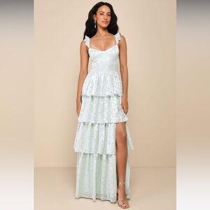 Lulu’s Stunning Glory Sage Green Floral Jacquard Tiered Maxi Dress Size S